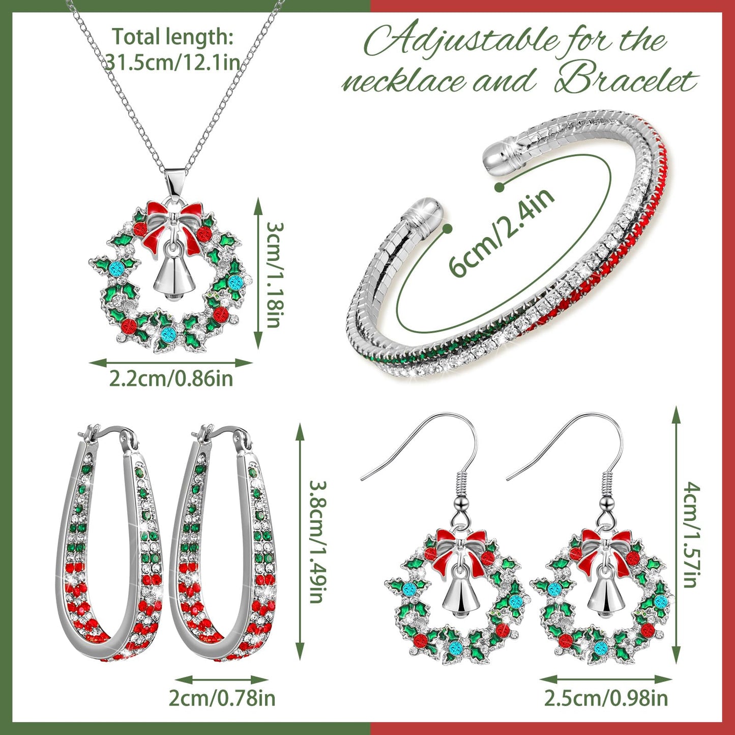 Sasylvia 4 Pieces Christmas Rhinestone Jewelry Set for Women Wreath Bell Dangle Necklace Cuff Bracelet Wreath Hoop Earrings (Silver)