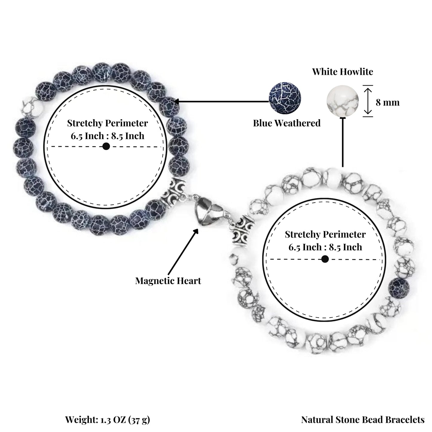 Set Of 2 Matching Couple Bracelets Magnetic Heart - Stone Beads, Stretch, Unisex Anniversary, Express Love, Valentine, Long Distance, Christmas Gift (Howlite+Blue Weathered, With Luxury Giftbox)