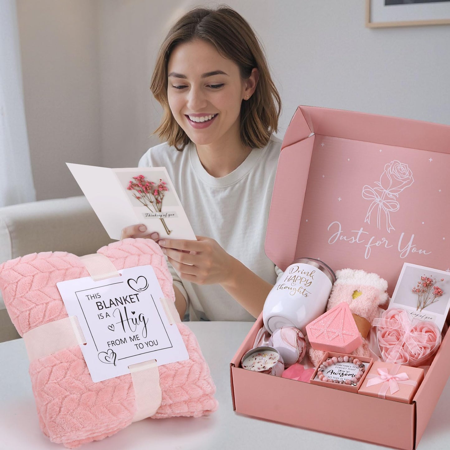Birthday Gifts for Women Self Care Gift Set, Pink Relaxing Spa Gifts Basket Women Care Package Get Well Soon Gifts, Unique Christmas Presents for Mom Her Wife Sister Grandma, Thinking of You Gifts