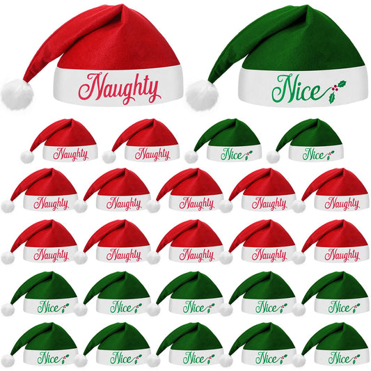 Shinymoon 24 Pieces Christmas Santa Hats Non Woven Fabric Naughty and Nice Santa Hats for Adult Men Women Kids Party Holiday (Red Color, Green Color)