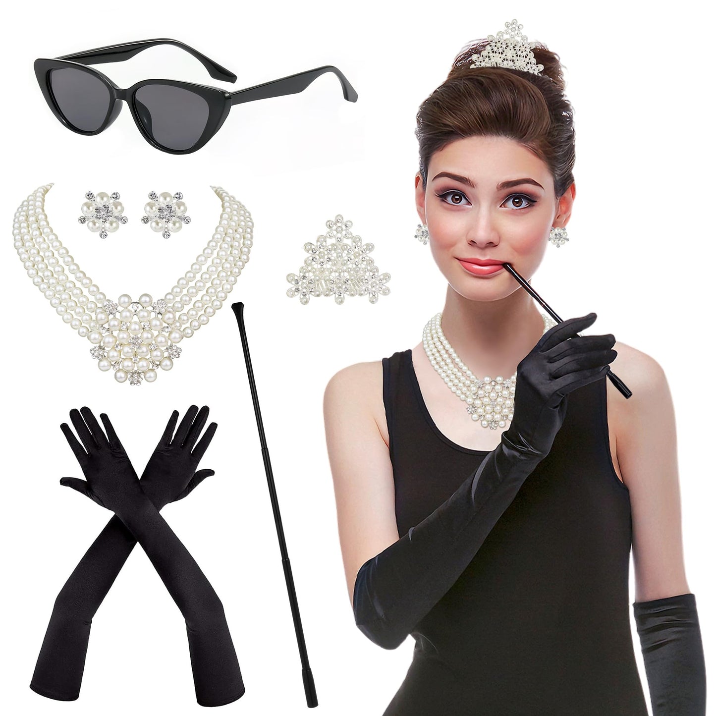 Horolam 6PCS 1920s Accessories, Holly Golightly Costume 20s Accessories Pearl Necklace Earrings Gloves Sunglasses for Women