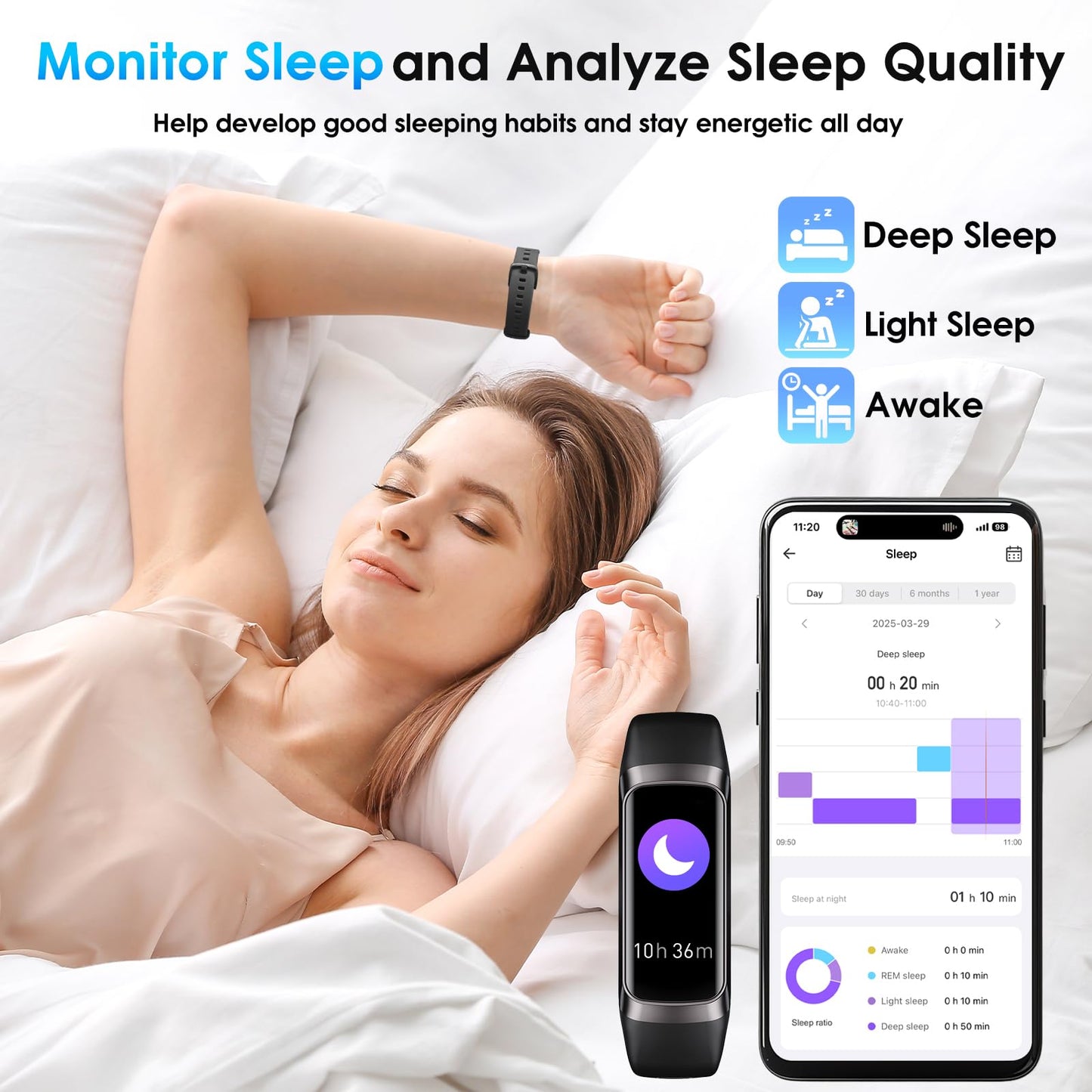 VUHIGIB Fitness Tracker, 24/7 Heart Rate Blood Oxygen Blood Pressure Body Temp Monitor Sleep Calorie Tracker with 1.1" AMOLED Touch Color Screen Pedometer Smart Watch Waterproof for Women Men