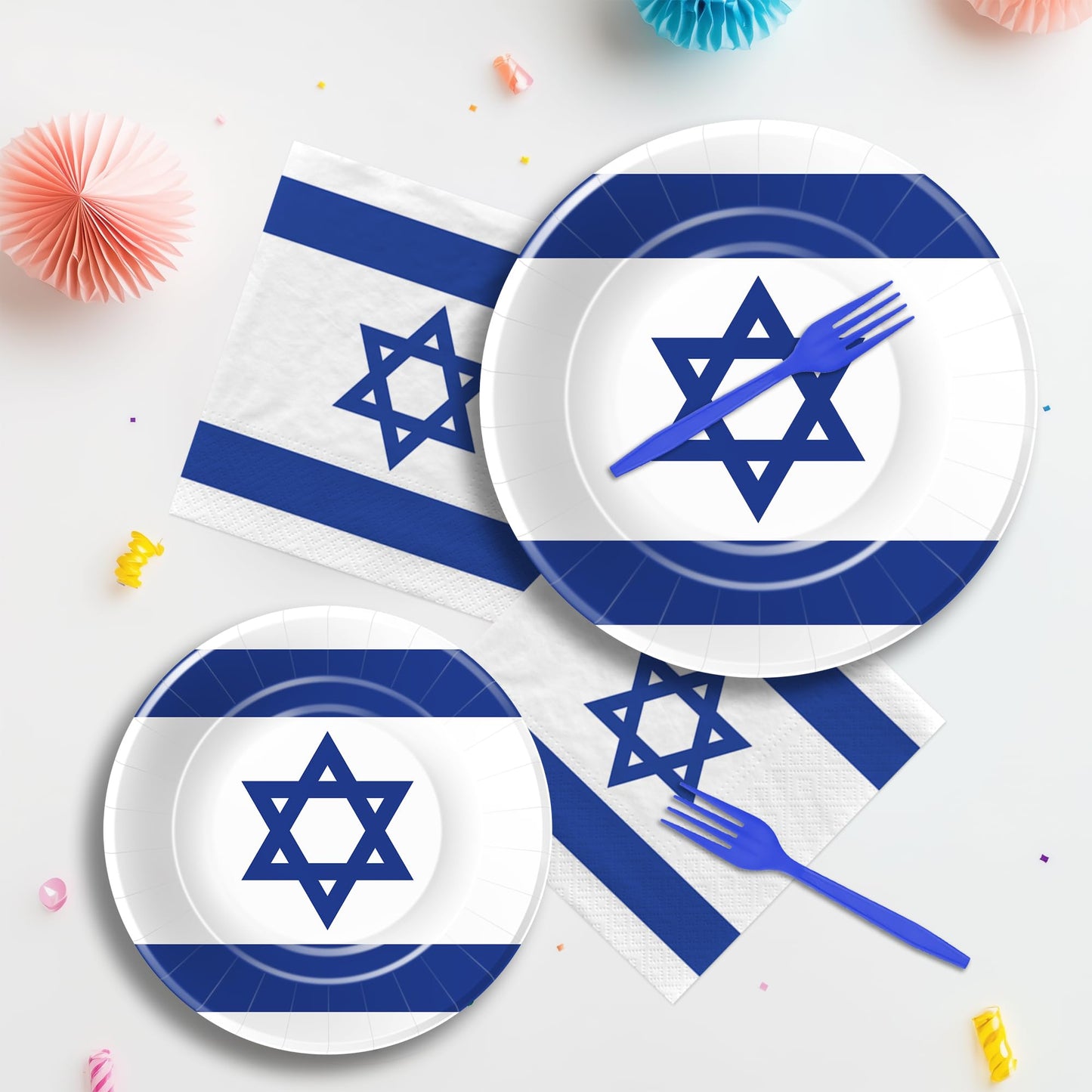 FVABO Israel Flag Party Decorations Tableware, Israeli Flag Party Supplies, Paper Plate, Napkin, Fork, for Israeli Independence Day or Jewish Patriotic Holiday, Serves 24