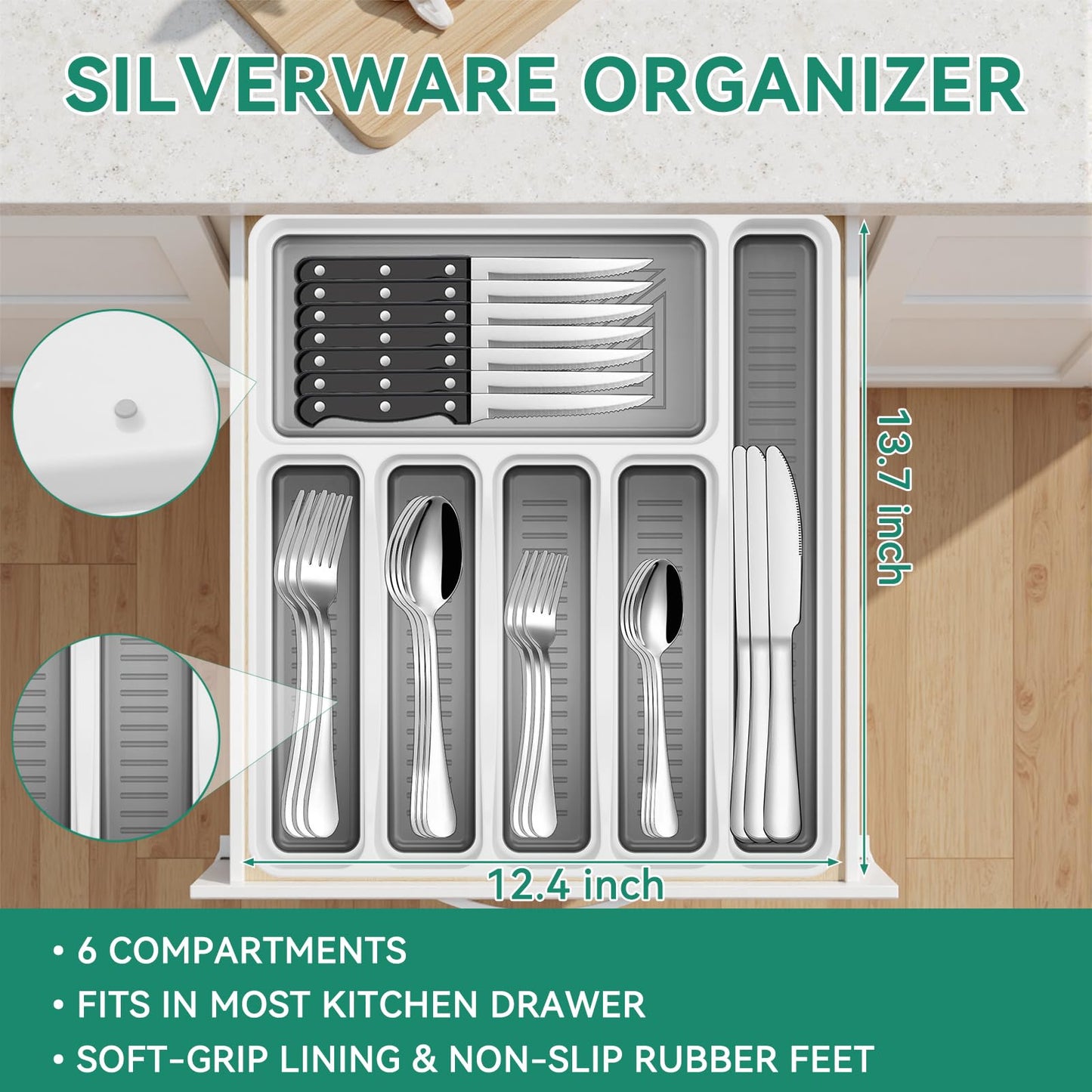 49-Piece Stainless Steel Silverware Set with Cutlery Organizer, Service for 8 with Steak Knives and Kitchen Utensils
