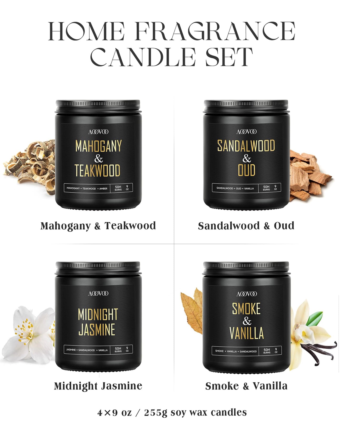 AOOVOO Scented Candles for Men - 4 Pack Candles for Home Scented, 36oz Soy Wax, 200 Hour Burn Time, Men Candle Set, Sandalwood Oud/Mahogany Teakwood/Smoke Vanilla/Jasmine Candle Set A