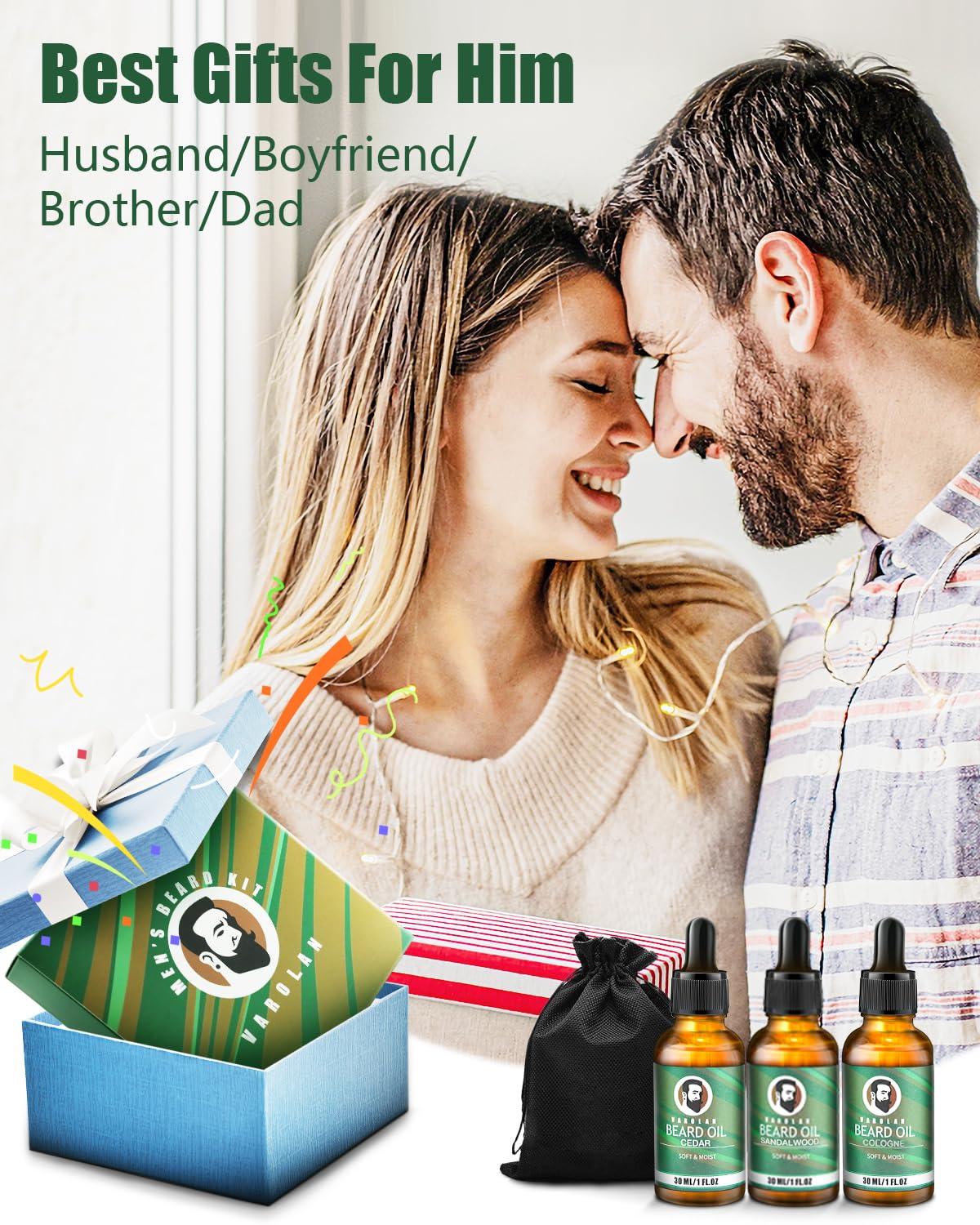 Mens Gifts for Birthday, Gifts for Men, Beard Care Kit with Beard Oil Balm Conditioner Wash Brush Comb Scissor, Stocking Stuffers for Men Birthday & Holiday Gifts for Boyfriend Brother Dad Husband