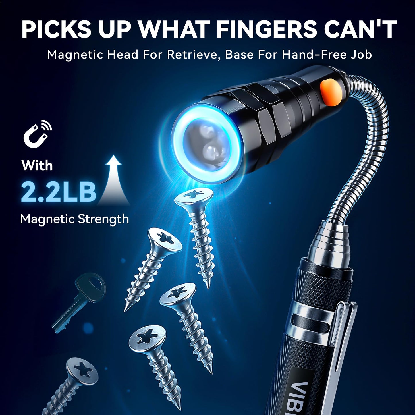 VIBELITE Extendable Magnetic Flashlight with Telescoping Magnet Pickup Tool-Cool Gadget Birthday for Men, Dad, Husband, Him, Father, Mechanic,Tech, Handyman, Boyfriend, Women, Black