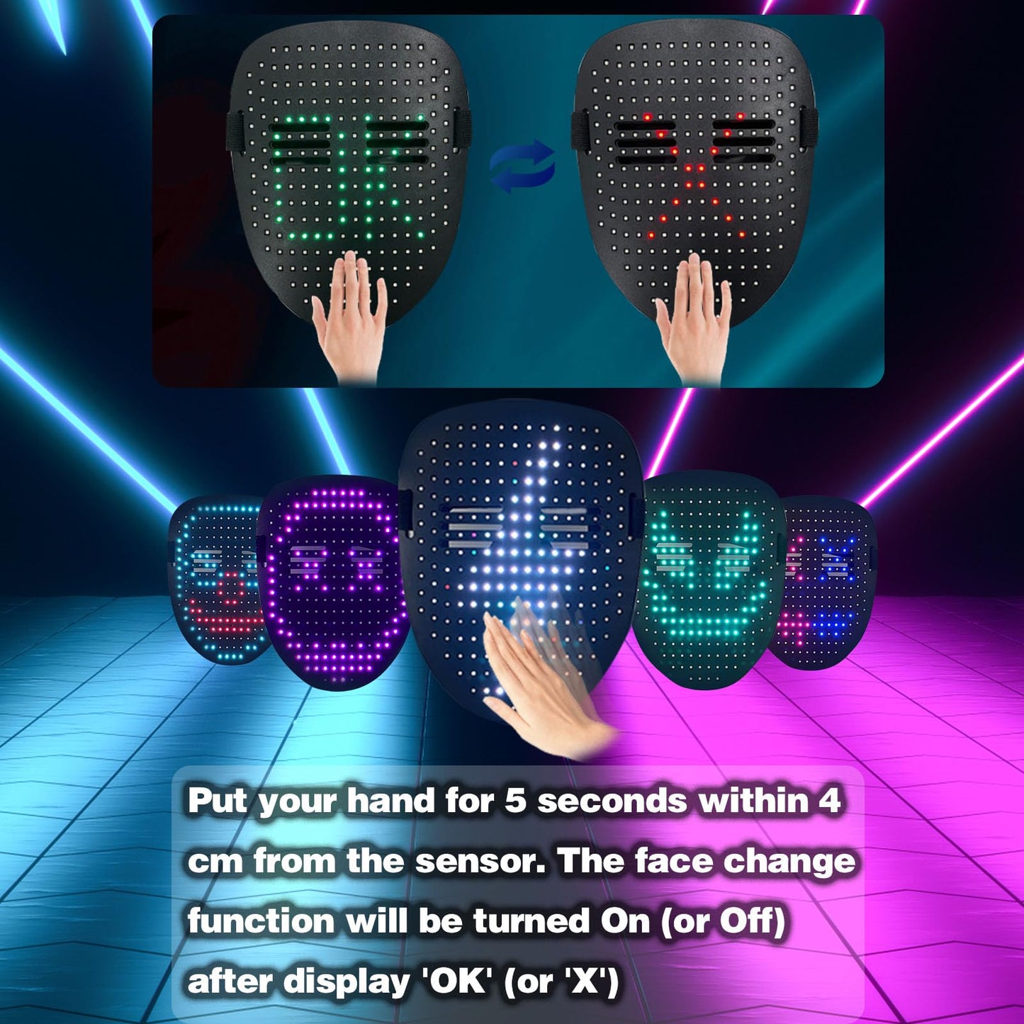 MOYACA Led Mask with Gesture Sensing, Light up mask with 50 Pattern Display for Men/Women LED Halloween Mask for Costume Cosplay Party Indoor and Outdoor