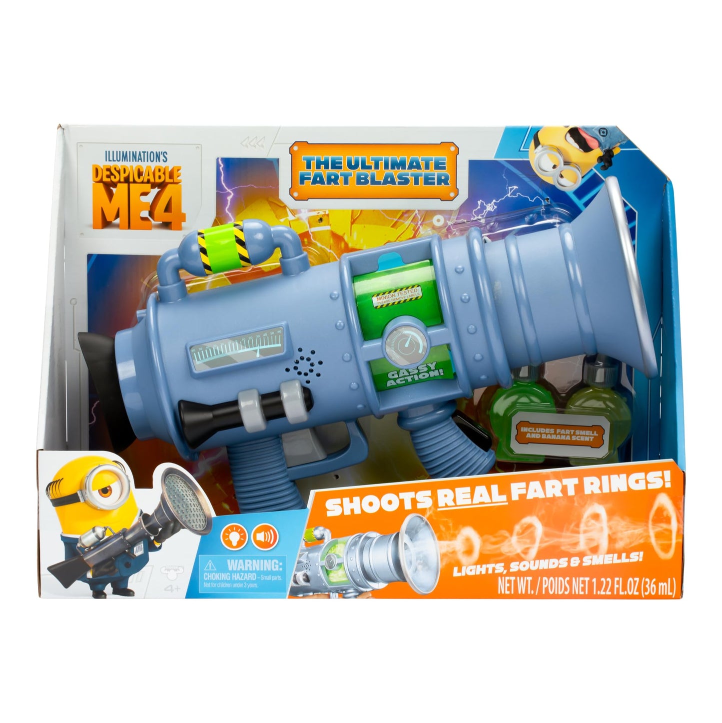 Minions Despicable Me 4 Ultimate Fart Blaster Toy - Shoots Real Fog Rings | 15 Hilarious Sound Effects | Lights Up & Banana/Fart Scents | Includes 2 Scent Formulas | Great Gag Gift for Kids Ages 4+