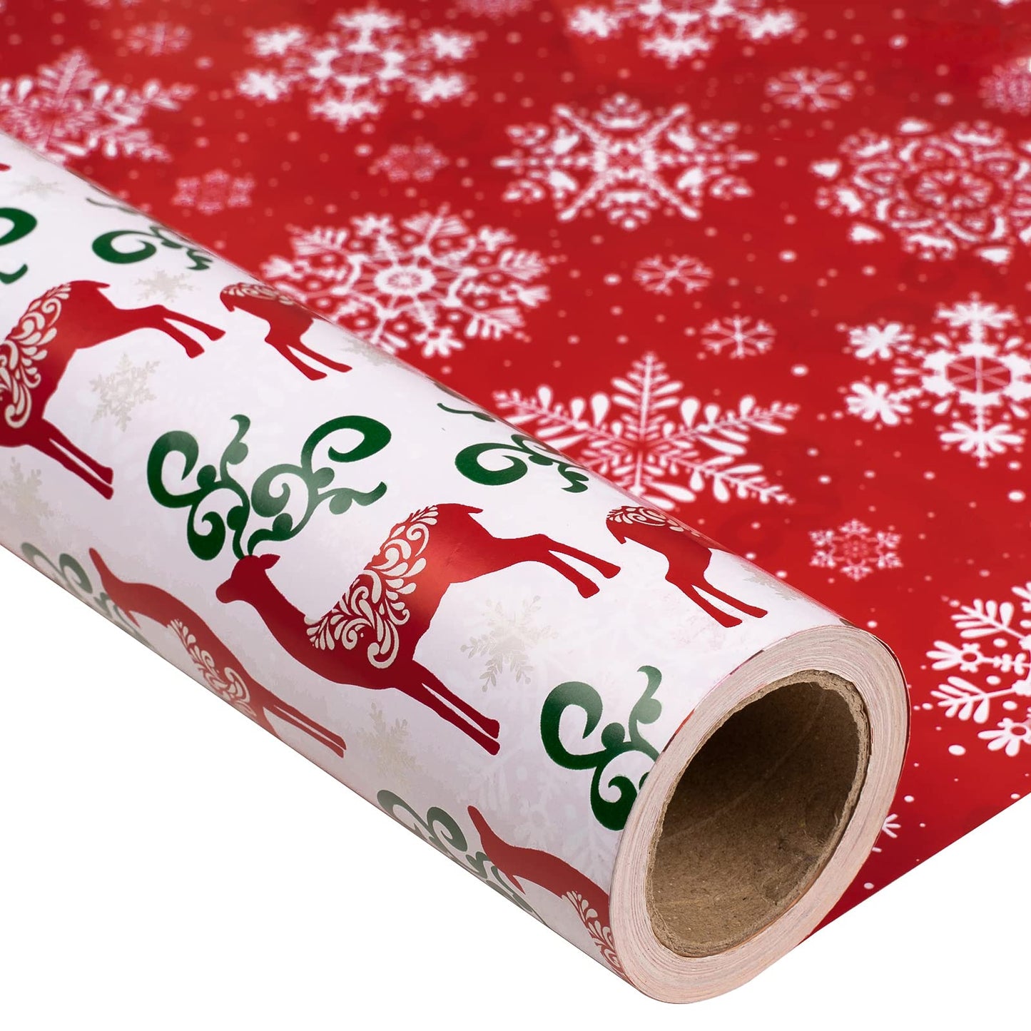MAYPLUSS Christmas Reversible Wrapping Paper Jumbo Roll - 30 Inches x 100 Feet - Red Green Reindeer and Snowflakes