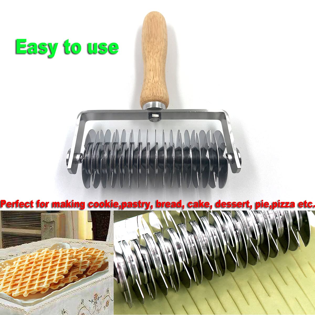 Stainless Steel Dough Lattice Roller Cutter with Wood Handle,Cookie Pie Dessert Pizza Bread Pastry Crust Roller Cutter