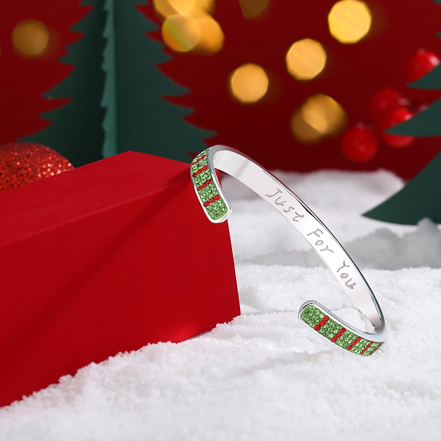 MUYUU Christmas Cuff Bracelet, Silver Plated Red and Green Bracelet, Sparkly Crystal Bracelet For Women Fashion Jewelry