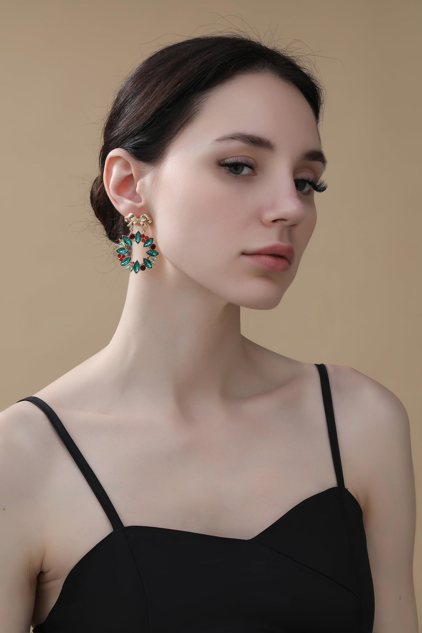 Christmas Bow Wreath Earrings for Women, Colorful Xmas Holiday Rhinestone Dangle Earrings Jewelry Gifts, Aretes de Navidad Para Mujer (Gold Bow Wreath)