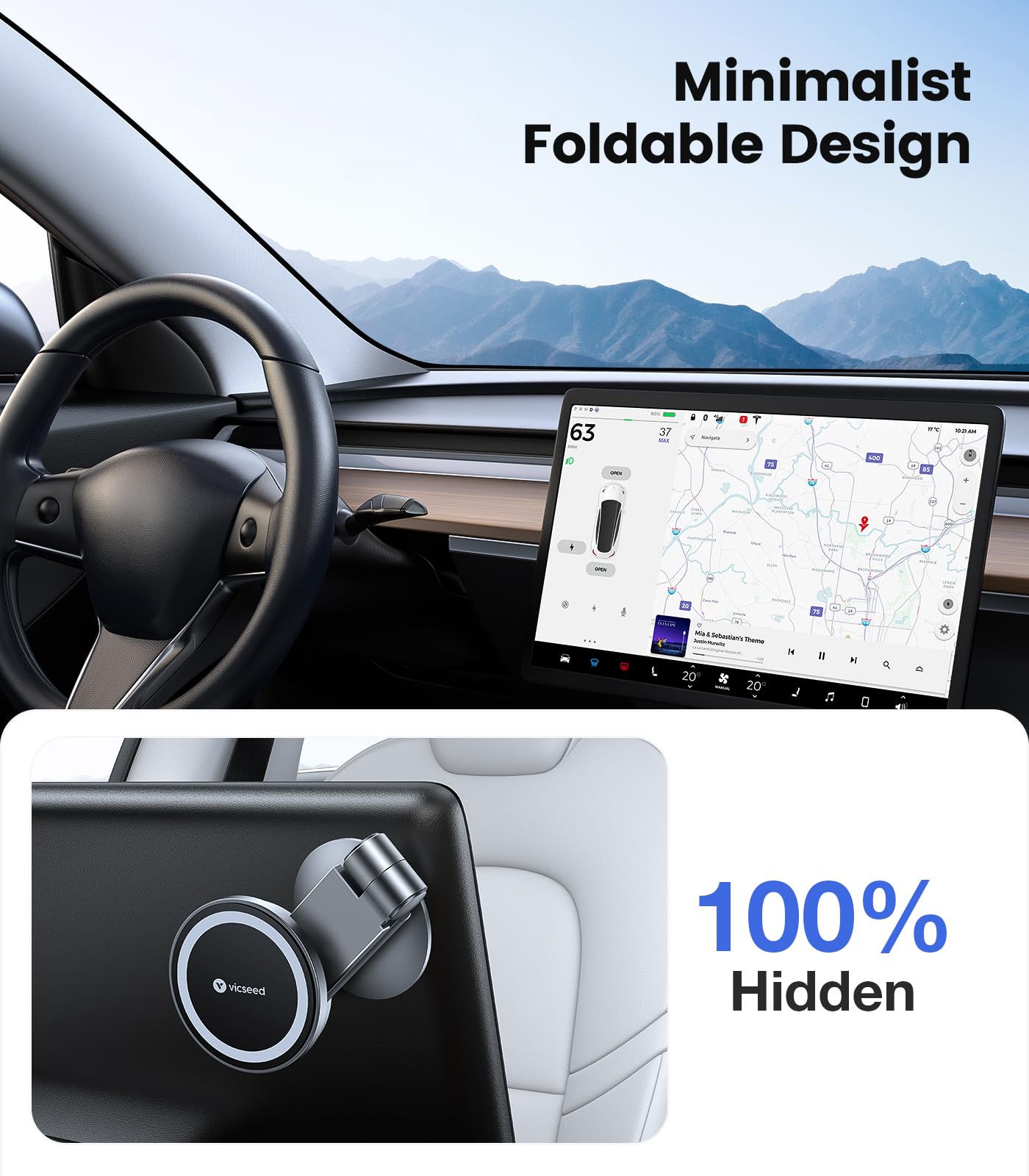 VICSEED Tesla Phone Mount【Strongest Magnet Power】 Foldable Hidden Tesla Phone Holder Fit for All Phones, Tesla Model 3/Y/Cybertruck Accessories, Tesla Model 3 Model Y for MagSafe Car Mount