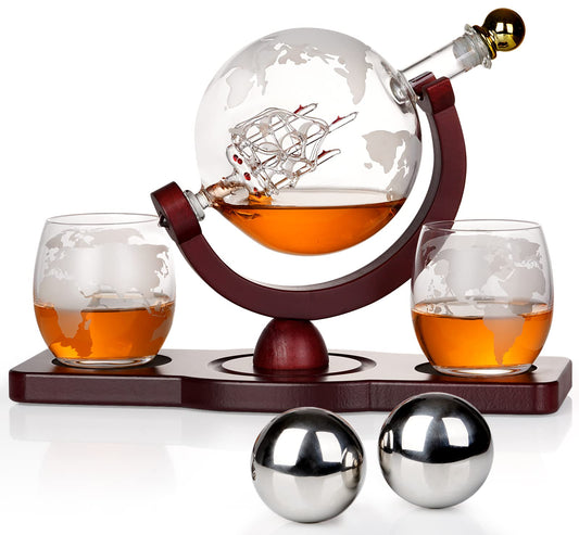 PONPUR Gifts for Men Dad Christmas, Whiskey Decanter Globe Set with 2 Ball Stones & 2 Glasses, Anniversary Birthday Gifts for Him Husband Boyfriend Brother, Cool Stuff Gift for Bourbon Scotch