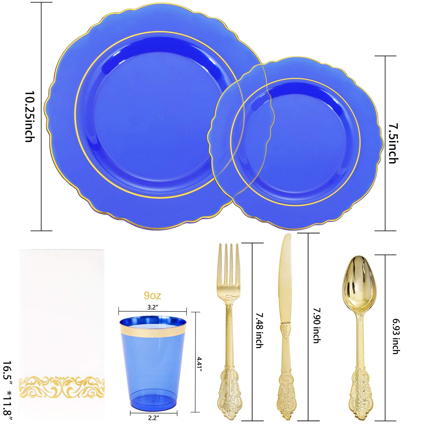 KIRE 210Pcs Blue Plastic Plates with Gold Rim& Disposable Plastic Silverware &Blue Cups&Hand Napkin- Baroque Clear Dinnerware for Parties/Wedding