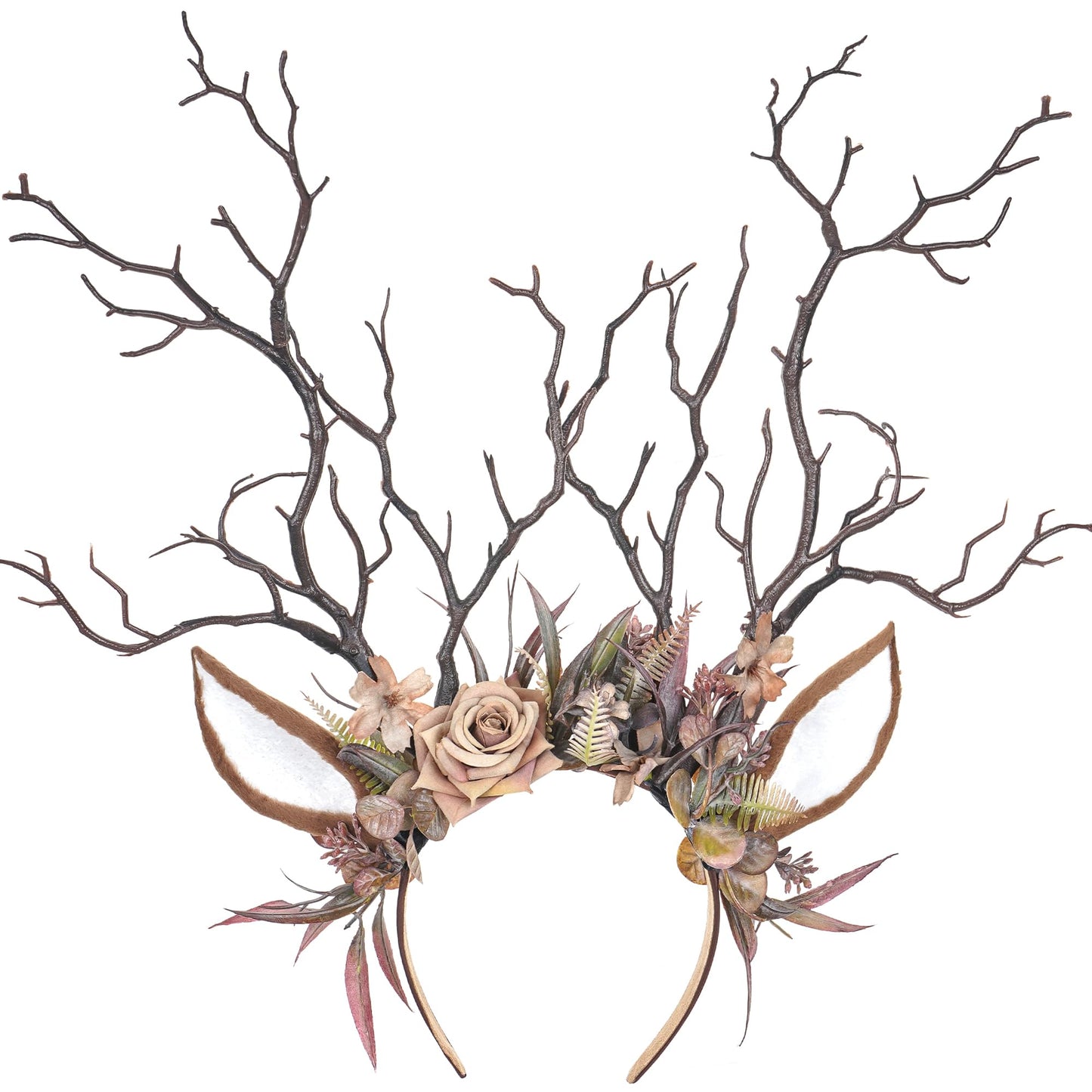 MOSTORY Flower Reindeer Ear Headband - Brown Branch Antlers Headband for Renaissance Deer Costume Women, Floral Antler Hairband for Renfaire Accessories Cosplay Fantasy Photo Shoot