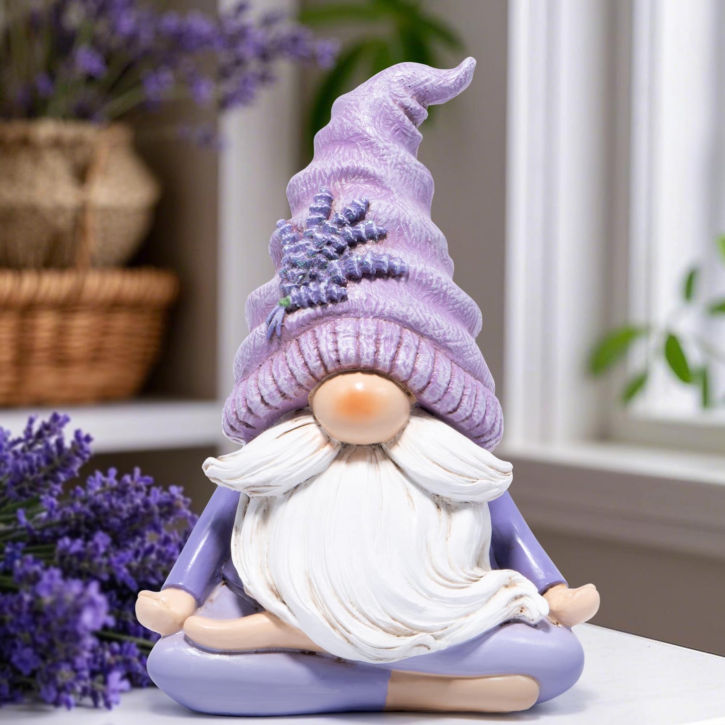 Hodao Lavender Meditating Gnome – Peaceful Resin Figurine for Spring Decor or Mindfulness Gift for Women 6.5” Tall