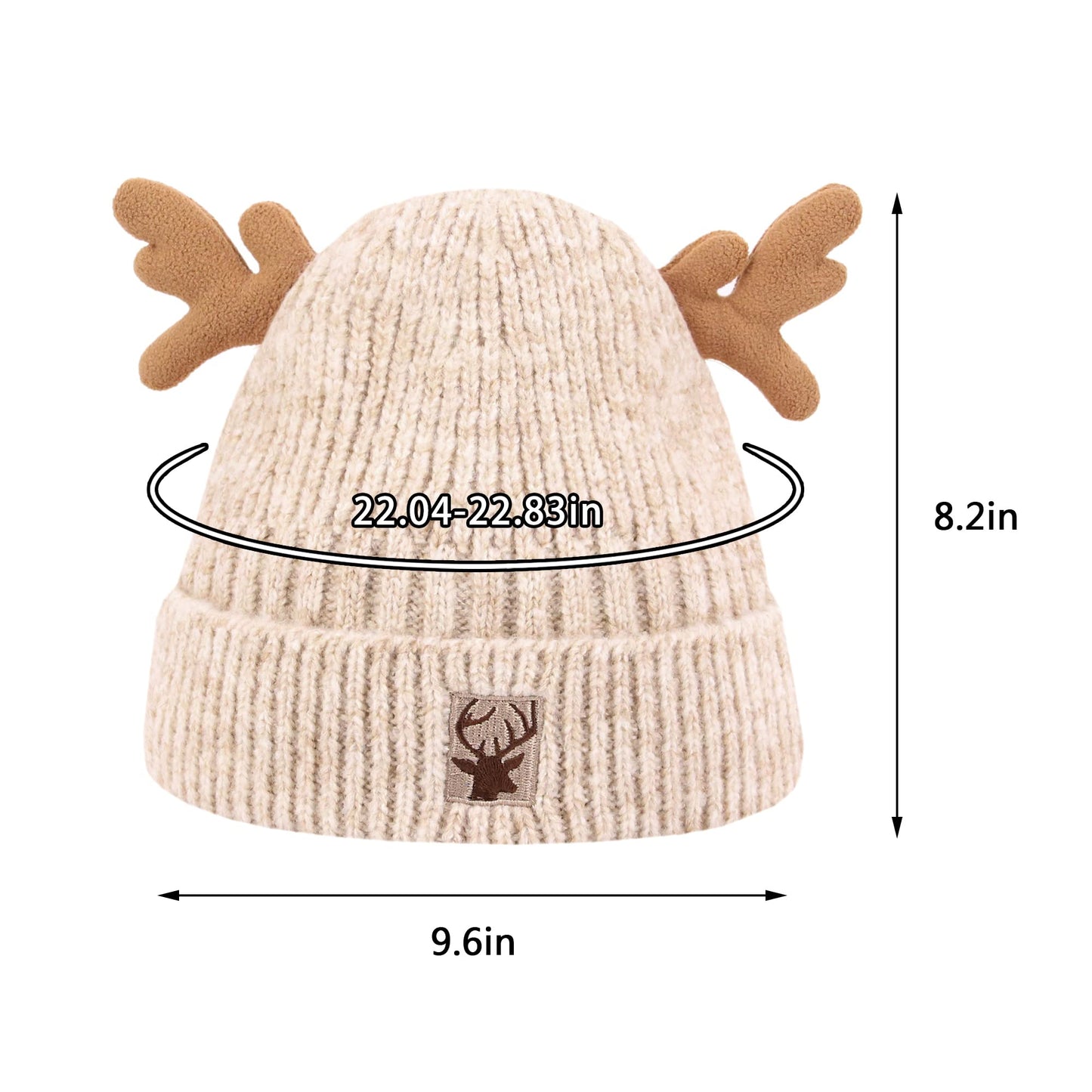 Haoohu Warm Cute Reindeer Antlers Knitted Hat Crochet Knit Cap Knitted Beanie for Adults Beige