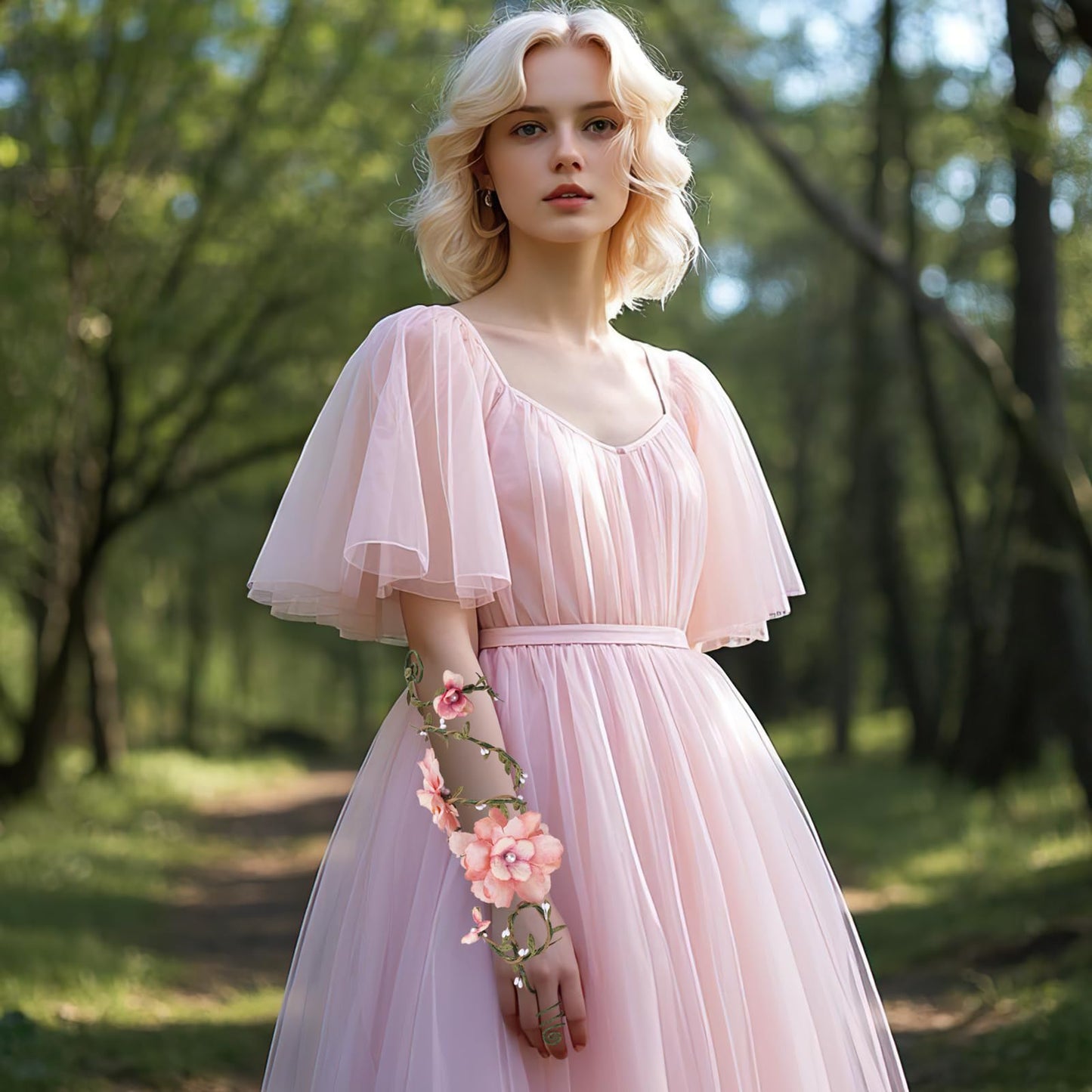 FRESHME Renaissance Fairy Flower Arm Wrap - 1 PC Elf Arm Cuff Bracelet with Pink Flowers Woodland Forest Mother Nature Costume Poison Ivy Costume Fantasy Renfaire Cosplay Prom Dress Up Accessories for Women