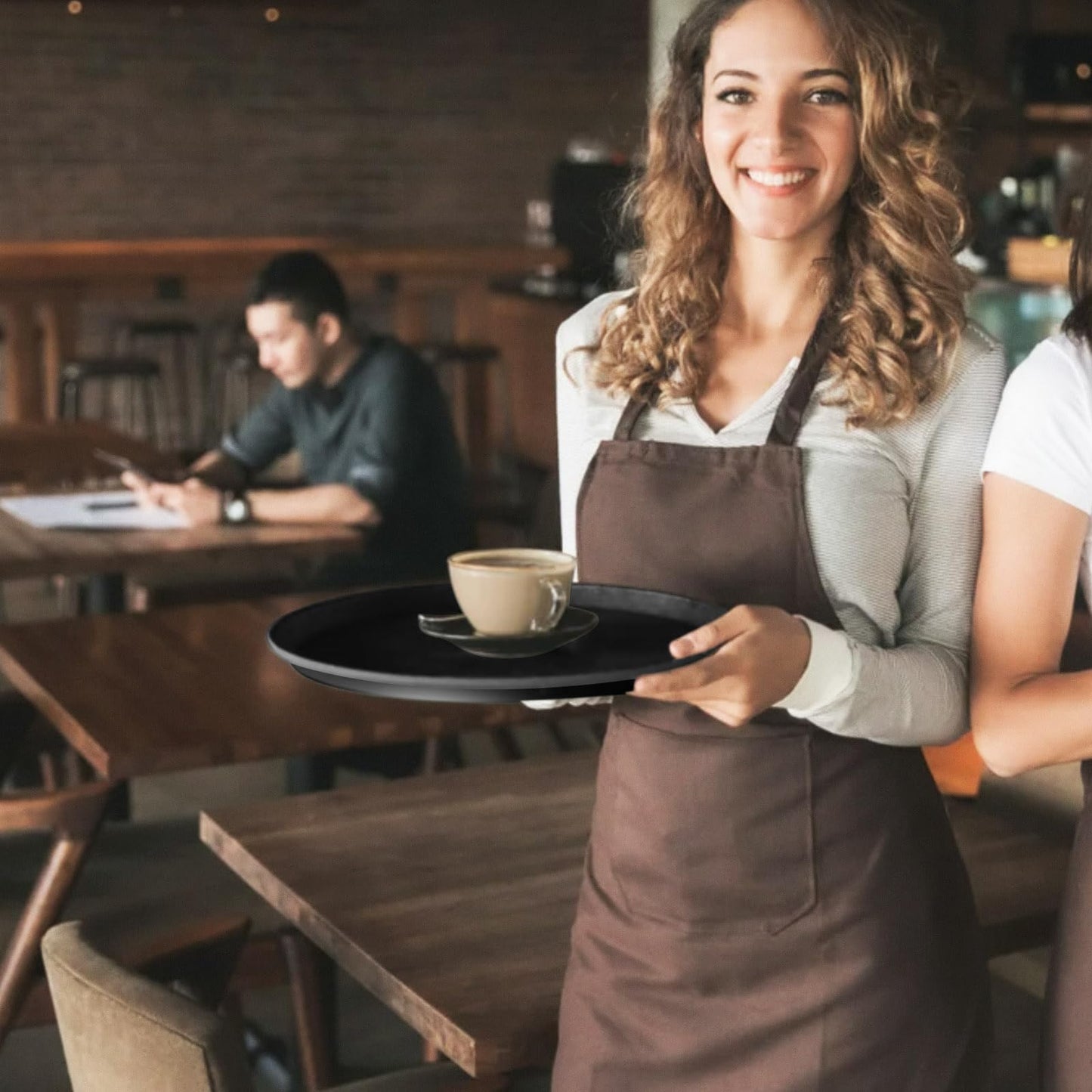 6 Pieces Restaurant Serving Tray, Non Slip Surface Round Tray Plastic Food Meals Server with Raised Edges for Home, Kitchen, Restaurant, Cafeteria, Bar, Hotel (Black, 6 Pcs 11 Inch)