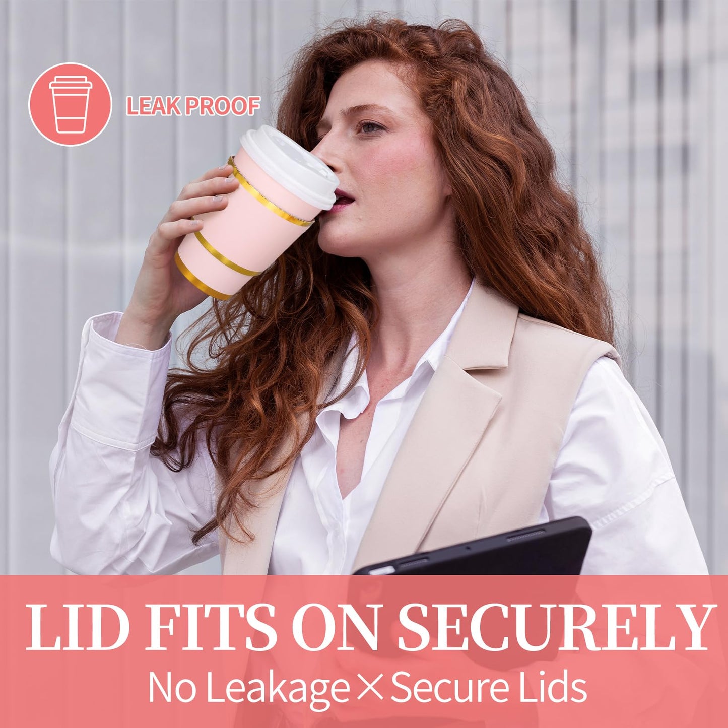 JarThenaAMCS 50Pcs Light Pink Disposable Coffee Cups with Lids and Sleeves 12Oz Foil Gold Border Pink Party Paper Tableware for Wedding Holiday Picnic Birthday Party Bridal Favor Coffee Beverage Tea