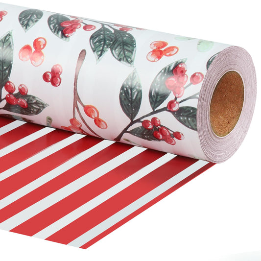 LaRibbons Reversible Christmas Wrapping Paper Jumbo Roll, Vintage Red Berries & Red Candy Cane Stripe Gift Wrap for Christmas, Season Party, Xmas, 30 Inch × 33 Feet