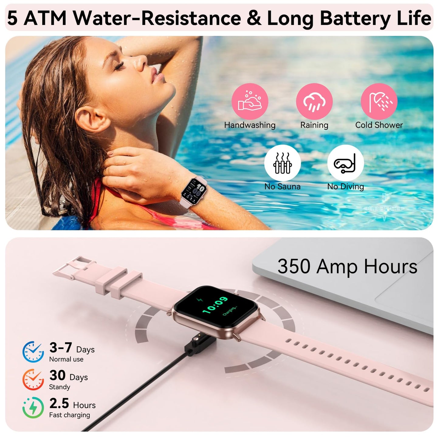 Jacoosa Smart Watch for Men Women, 1.83" HD Touchsreen, Bluetooth Calling, 5 ATM Water-Resistance, 130+ Sports Modes, Health, Fitness & Sleep Tracker, Timer, Fitness Watch for Android/iOS, Pink