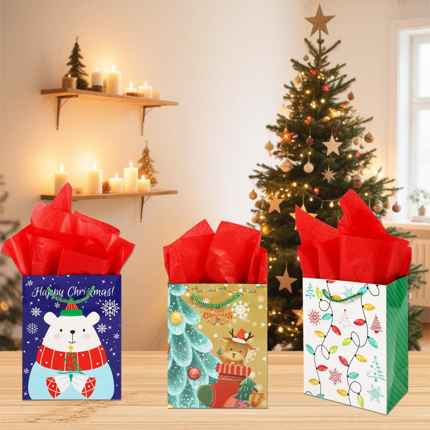 Qukou Christmas Bags for Gift with 24 Sheet Tissue Paper, 24 PCS Xmas Paper Party Gift Candy Bags for Christmas Party Favors (24)