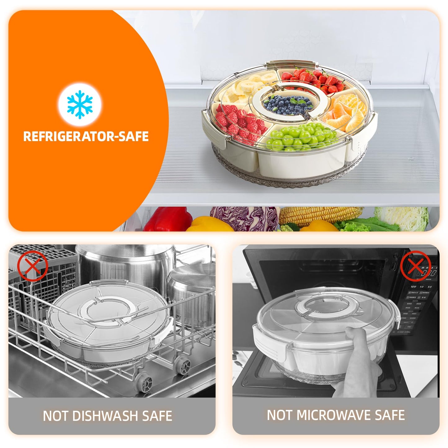 riyeloi Divided Serving Tray with Lid and Handle, Stackable Snackle Box Container for Fruits Candy Organizer, Portable Spinning Rounded Veggie Tray for Kitchen, Party, Trave and Picnic-1 PACK