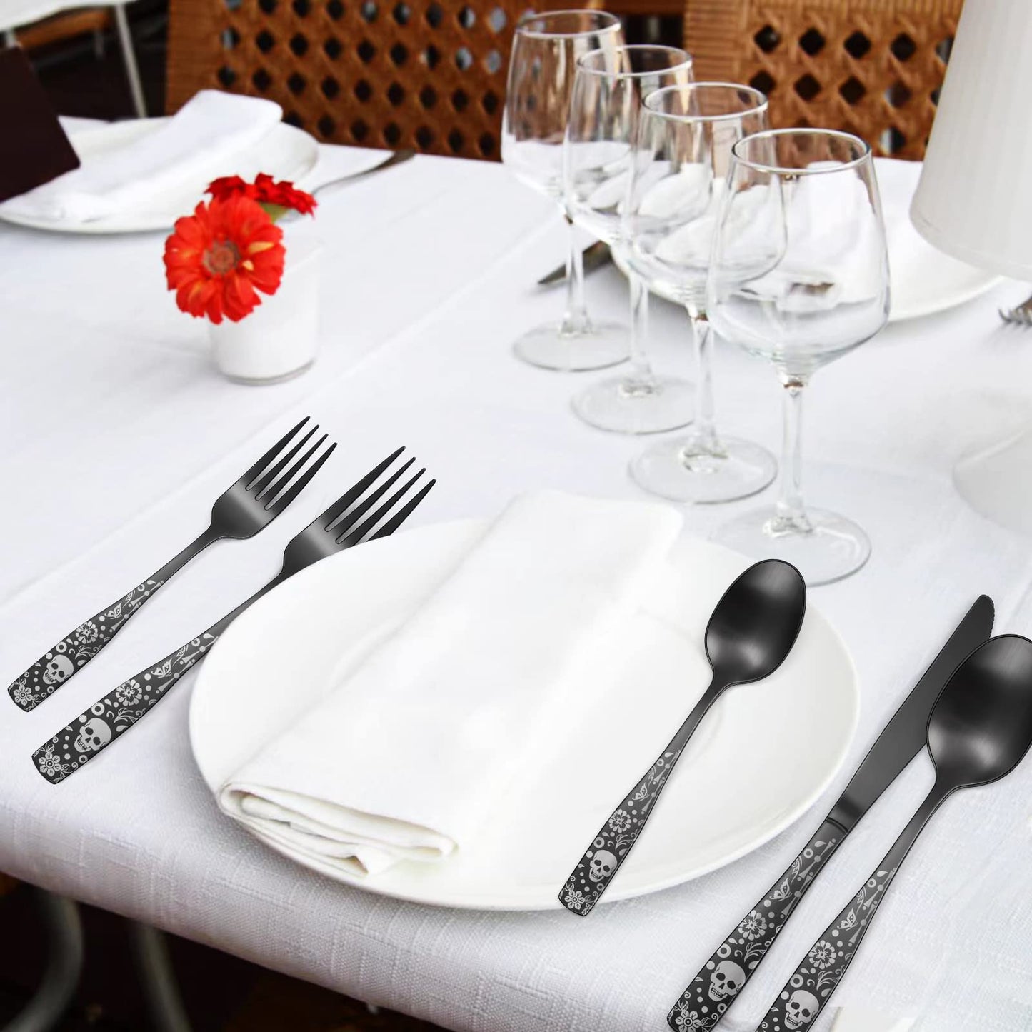 OIULO Pattern Matte Silverware Set for 8,40 Piece Gothic Black Flatware set,Skeleton Flower Bat Unique Pattern Design,Skull Knive Fork Spoon Spooky Utensils Cutlery,Halloween Party Supplies Event Tab