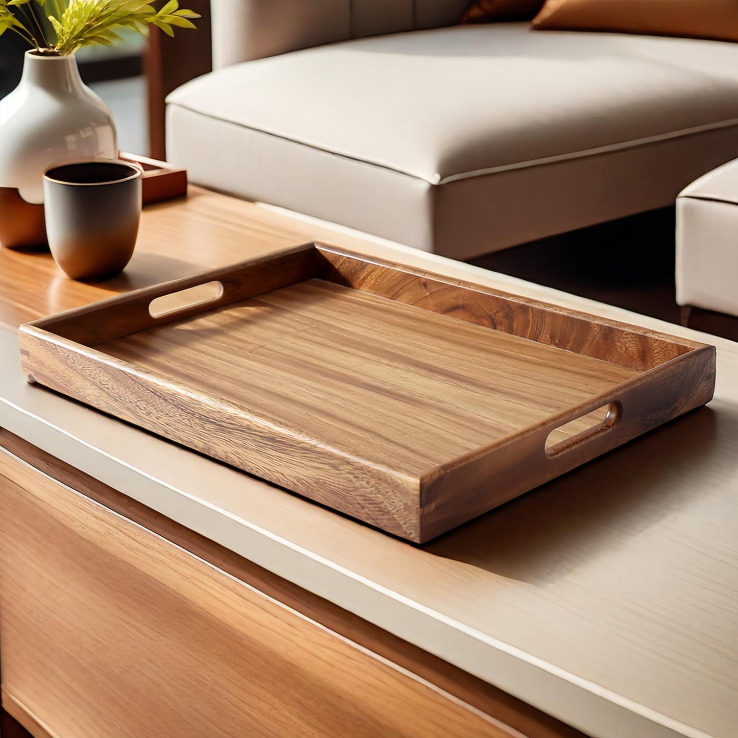 MOOKOMI Walnut Wood Serving Tray with Handles - Stylish Coffee and Food Tray for Home, Ottoman, or Dining Use(15.7 Inches)