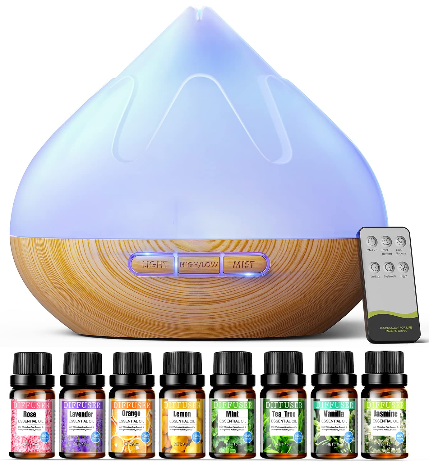 Aroma Diffuser with Essential Oils Set, 500 ML Essential Oil Diffuser with Remote Control, Humidifier with 14 Color Lights for Large Room, 4 Timer Setting, Auto Shut-Off