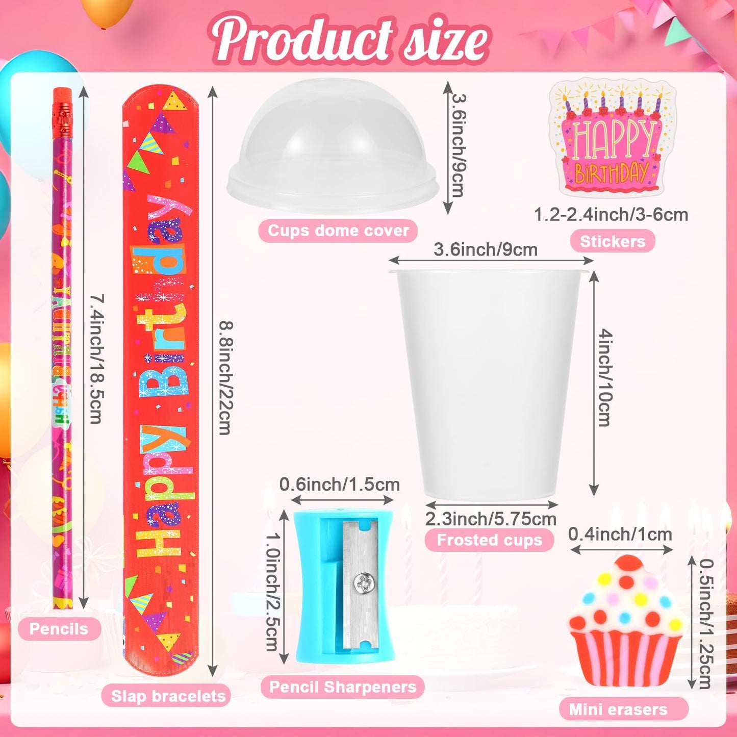 Kolewo4ever 460 Pieces Happy Birthday Party Favors Return Gifts for Birthday Party with Pencil Sharpener Eraser Sticker Slap Bracelet Cup with Lid