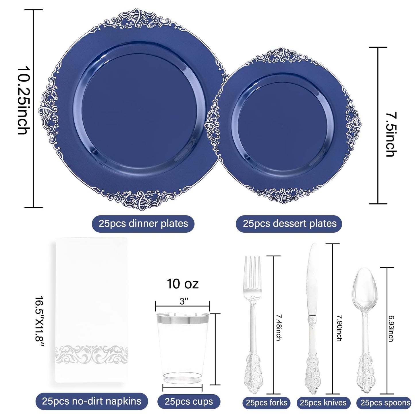 Hioasis 175pcs Blue and Silver Plastic Plates - Elegant Disposable Dinnerware Set Suitable for 25 Guests Include 10.25 Dinner & 7.5 Dessert Plates, Pre Rolled Silverware Set, Cups for Party & Wedding
