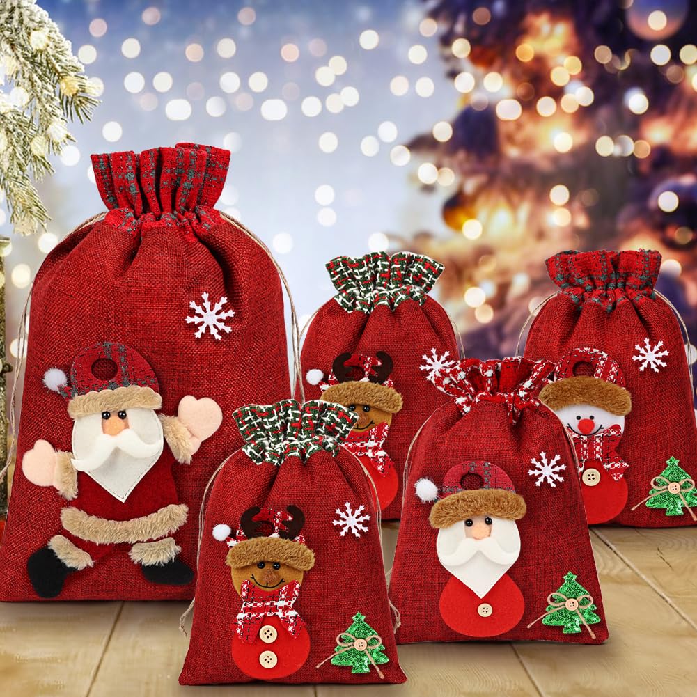 HRX Package 3D Christmas Gift Bags, 16x11 10.5x8 inch Xmas Drawstring Wrapping Bags Pouches for Holiday Goodie, Presents, Stocking Stuffers (5pcs)