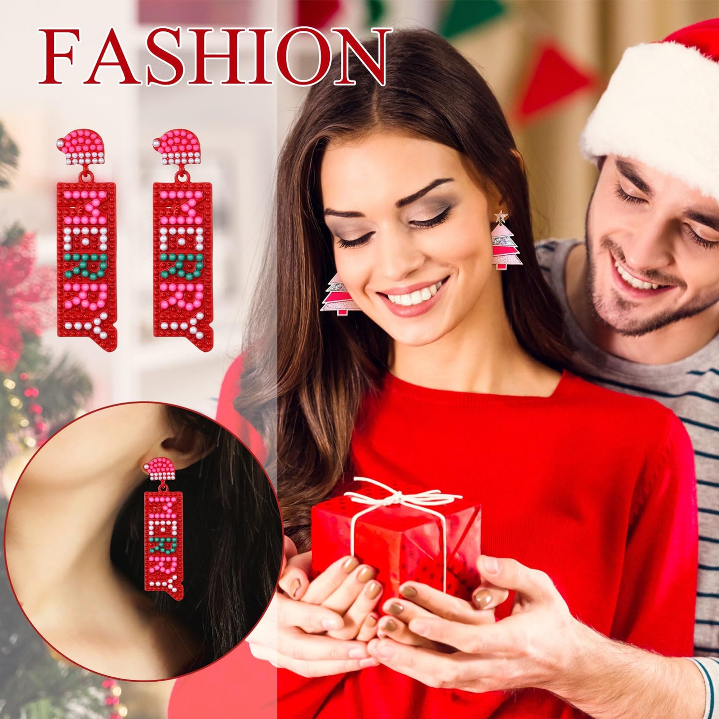 Remuuly 24 Pairs Pink Christmas Earrings for Women Christmas Dangle Earrings Xmas Tree Santa Jewelry for Holiday Party Gifts(Fashion Style)