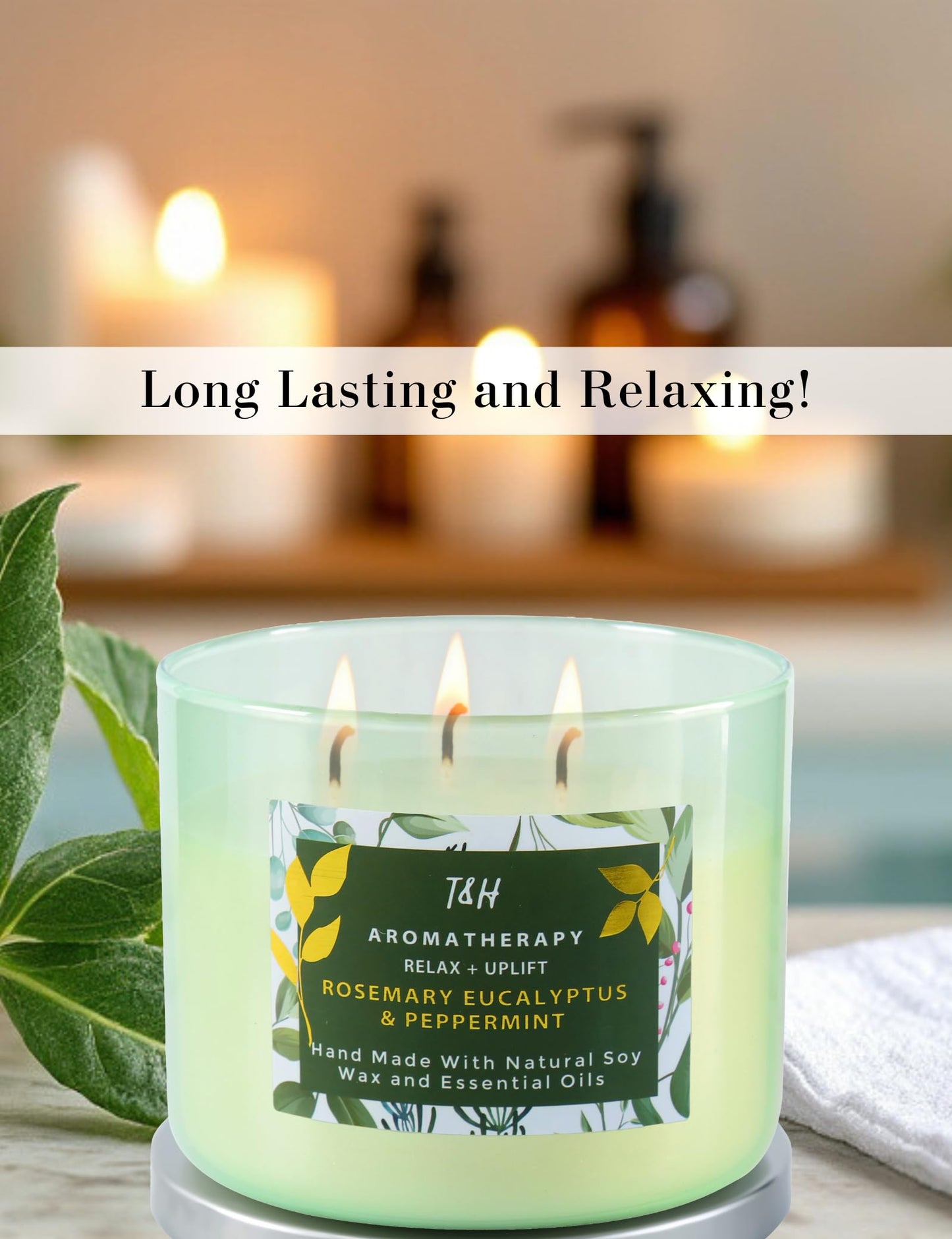 Rosemary Eucalyptus Peppermint Candle | Highly Scented Large 3 Wick Soy Candle 15.8 oz | Uplifting Eucalyptus Mint Scented Candles for Home | Aromatherapy Stress Relief Spa Candles for Men & Women