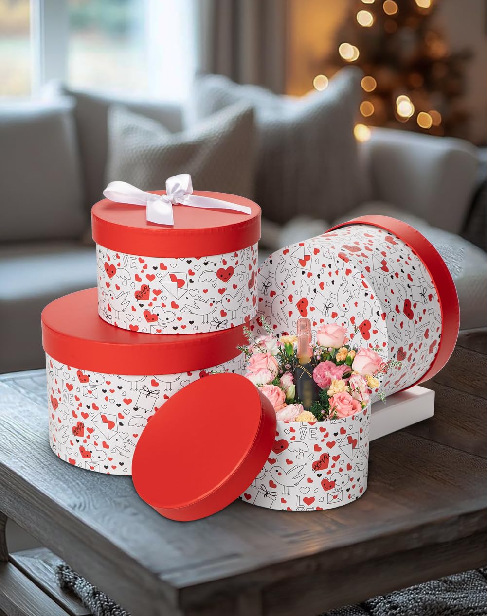 Luxury Round Nested Gift Boxes with Lids (Set of 4) – Reusable Sturdy Cardboard Gift Box Set for Birthdays, Weddings, Anniversaries, Christmas, and Valentine’s Day – Red & White