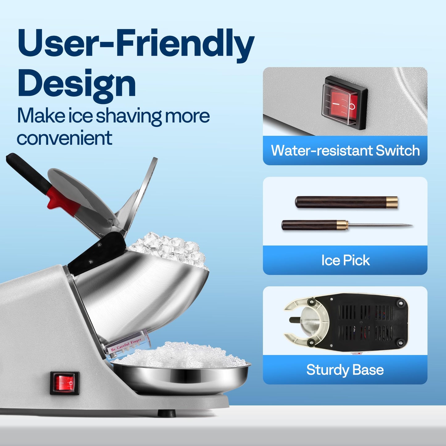 VIVOHOME Electric Ice Crusher Shaver Dual Blades Snow Cone Maker Machine Silver 173lbs/hr with Ice Pick for Home and Commercial Use