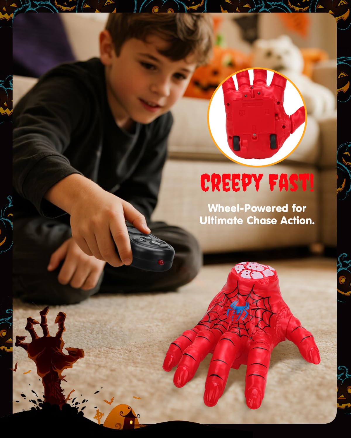 Humzo Halloween Crawling Thing Hand – Spider Hero Model, Remote Control Toy with Spooky Sound & LED Light, Quick-Move, Battery Powered Gift for Kids Birthday Holiday