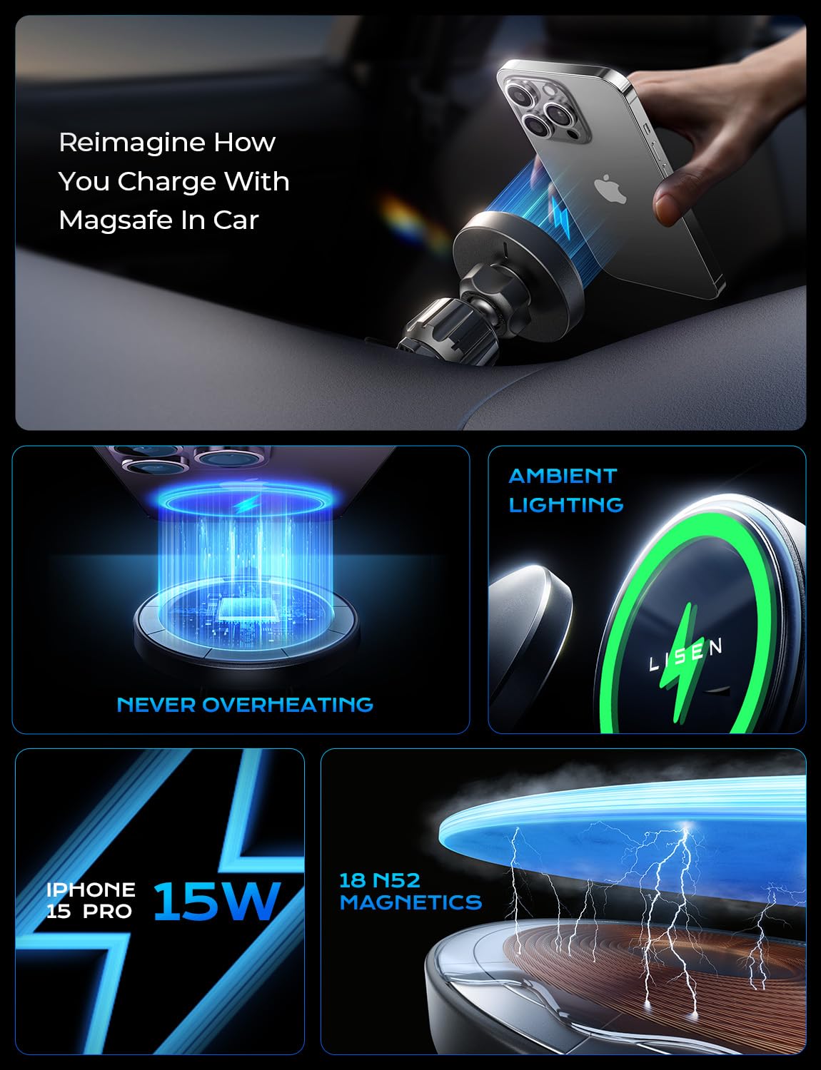 LISEN for 15W MagSafe Car Mount Charger,Magnetic Wireless Car Charger for iPhone 16 Pro Max Accessories,Magnetic Phone Holder for 17 iPhone 16e 15 14 13 12,Samsung ＆ Pixel with MagSafe,Gifts