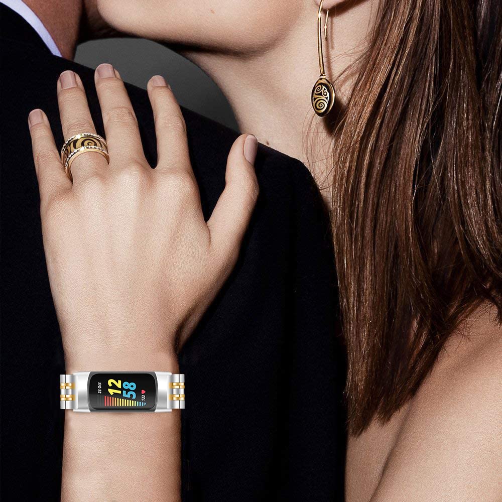 FitTurn Band Compatible with Fitbit Charge 5 Bands Men Women Classy Fitness Wristband Smart Watch Stainless Steel Adjustable Replacement Accessory Bands Strap for Charge 5 (Silver*Gold)