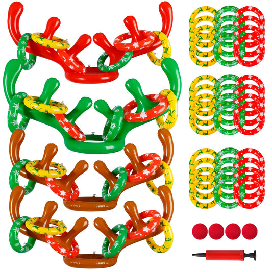 Max Fun 4 Pack Inflatable Reindeer Antler Ring Toss Games Indoor Outdoor Christmas Party Games Party Favors, 4 Anlters & 24Rings