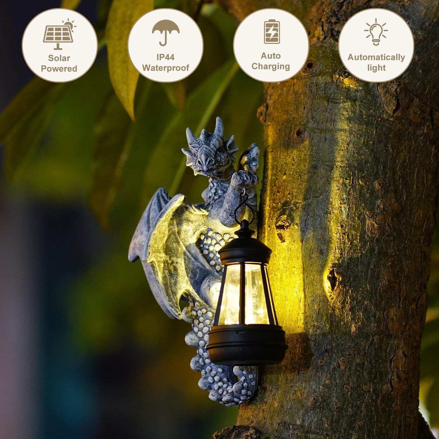 Dragon Tree Hugger Solar Garden Decor - 9.3 Inch Garden Statues Lawn Ornaments for Outside Balcony Yard Whimsical Art Outdoor,Medieval Fantasy Halloween Decor