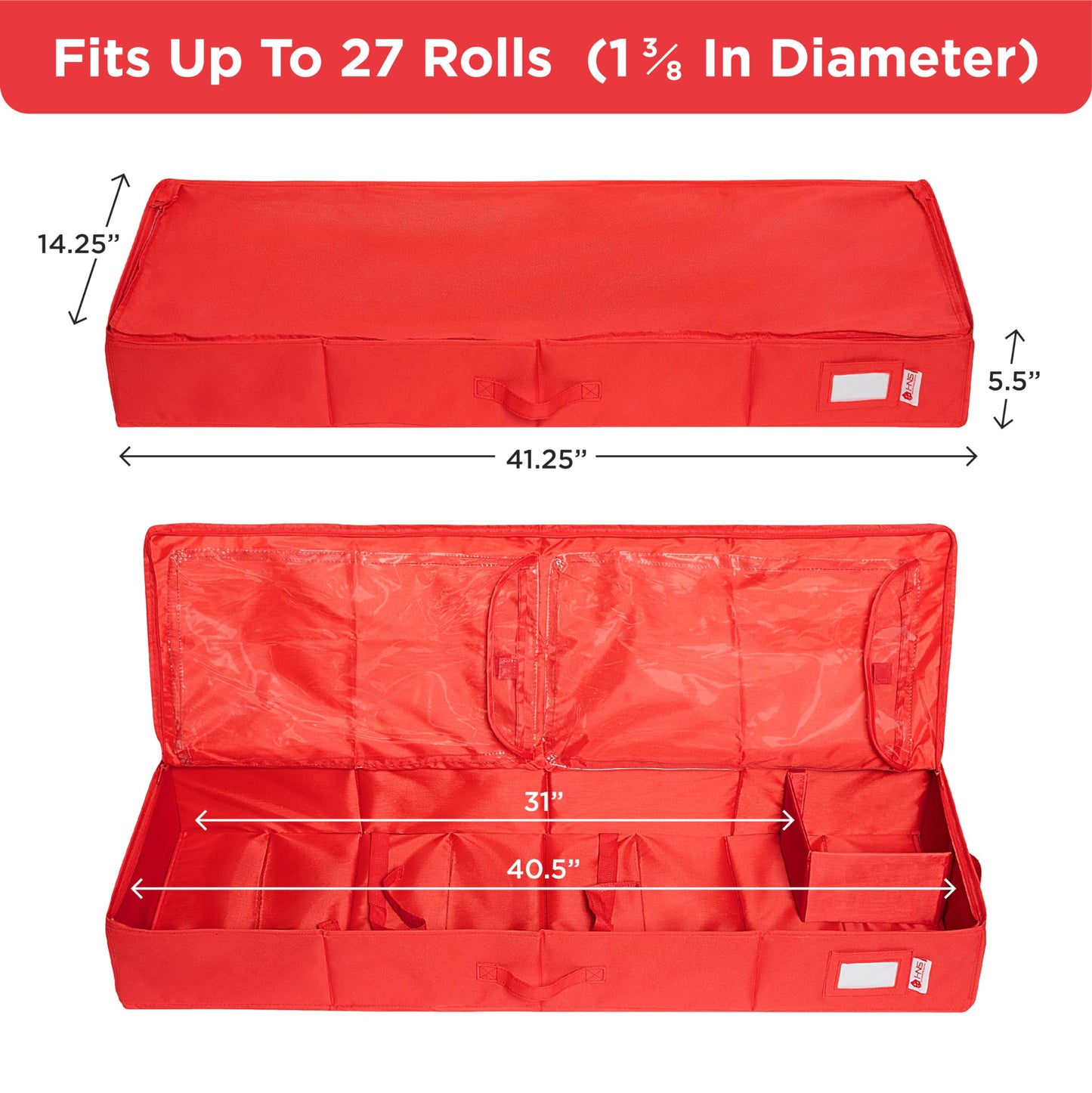 Premium Wrapping Paper Storage Container -Durable Material 600D tear-proof - Fits up to 27 Paper Rolls -Extra Pockets for Ribbons & Bows. Underbed Gift Wrap Organizer, Ideal for Holiday Christmas, etc