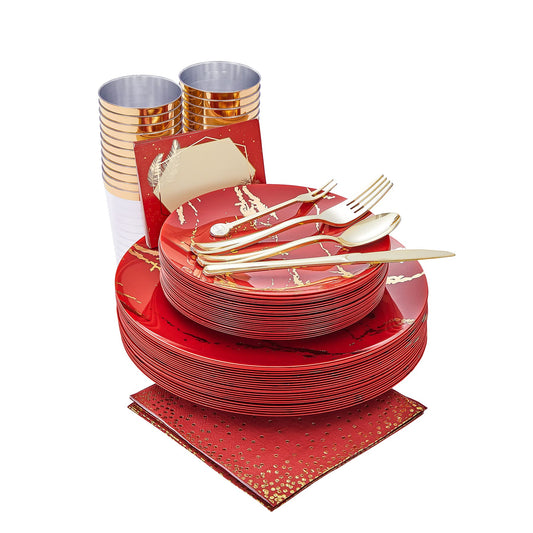 N9R 225PCS Red Gold Plastic Dinnerware Set - Disposable for Mother’s Day, Includes 25 Dinner Plates, 25 Dessert Plates, 25 Forks, 25 Spoons, 25 Knives, 25 Gold Cups, 25 Napkins & Table Cards