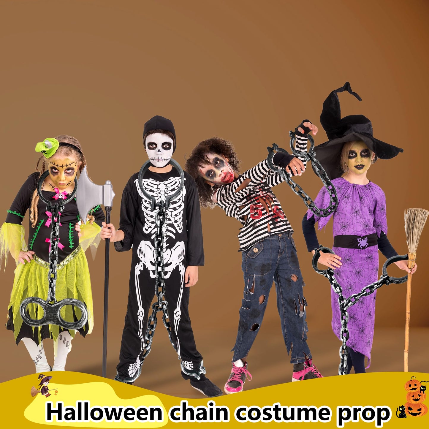 Sonarun 4 Pcs Halloween Chains Props Realistic Plastic Chains Link Prison Fake Wrist Shackles Feet Shackles Neck Shackles Chain Toys Prank Props for Halloween Costume Party Haunted Dress Up