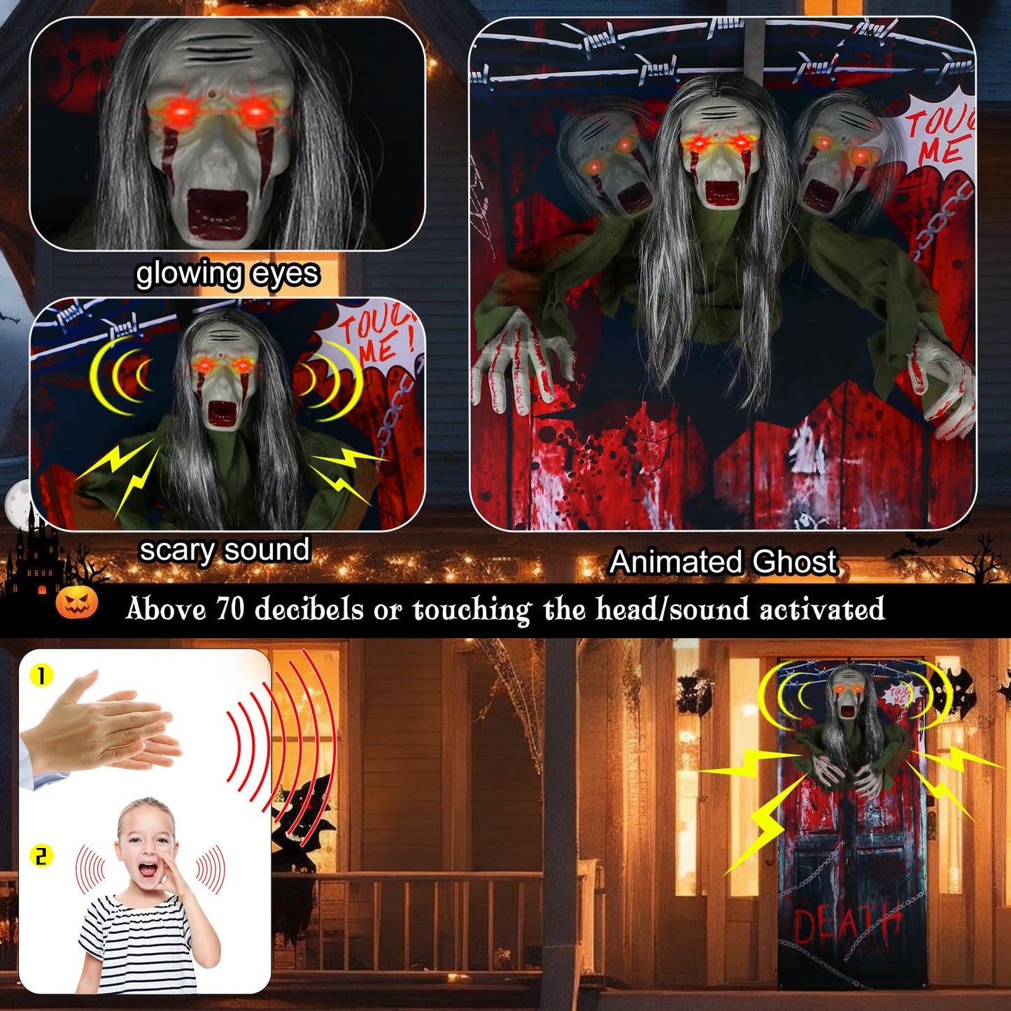 GUDELAK 6.6FT Animated Hanging Halloween Decorations Outdoor Zombie with Light Up Red Eye, Halloween Door Decorations with Halloween Backdrop, green, W-GS-GG-CK-KYB-1