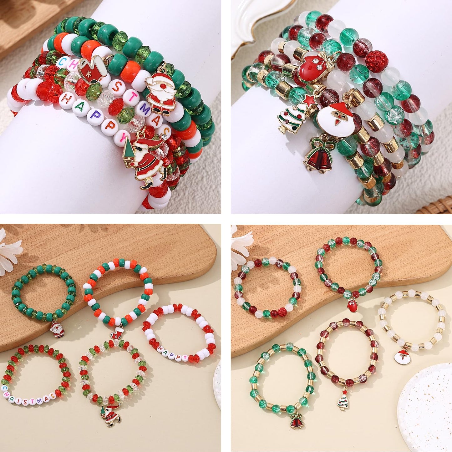 Cooluckday 36Pcs Christmas Bracelets Bulk Christmas Gifts for Women Christmas Friendship Bracelets Xmas Snowflake Snowman Bell Santa Claus Bracelets Stretch Bracelets as Party Gifts Bag Filler